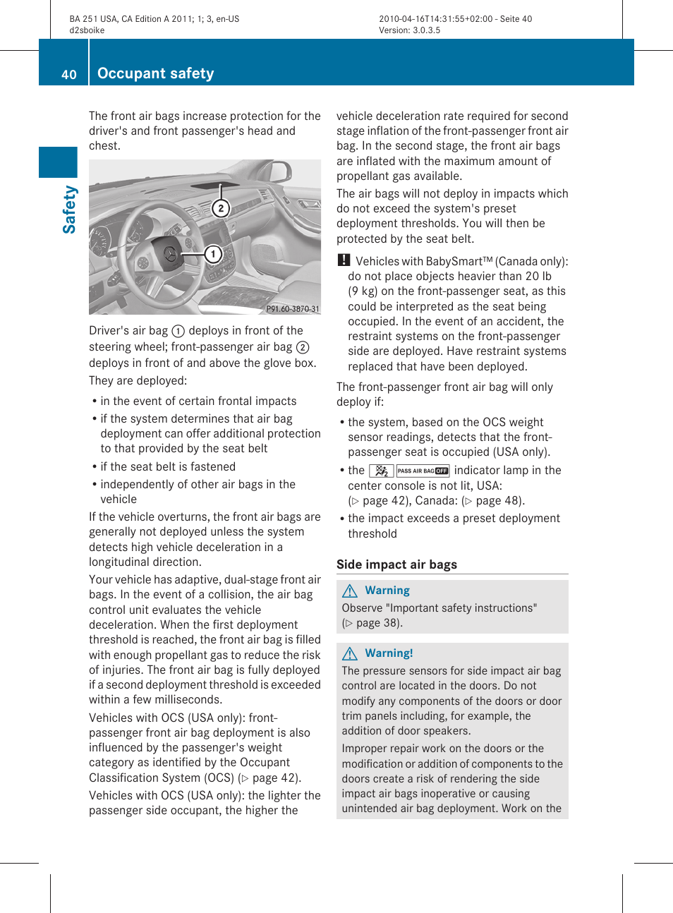 Safety, Occupant safety | Mercedes-Benz G-Class 2011 Owners Manual User Manual | Page 42 / 364