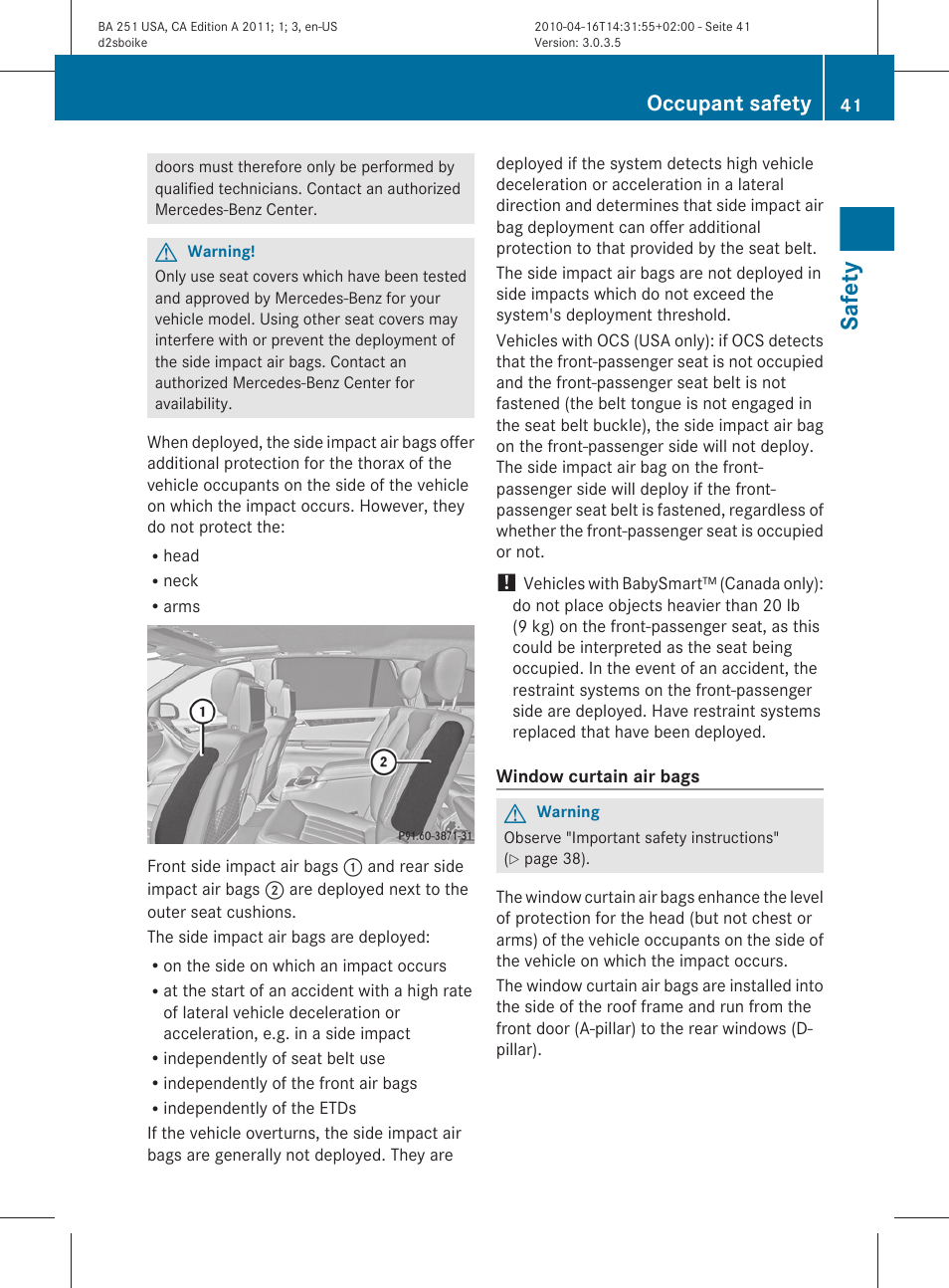 Safety, Occupant safety | Mercedes-Benz G-Class 2011 Owners Manual User Manual | Page 43 / 364