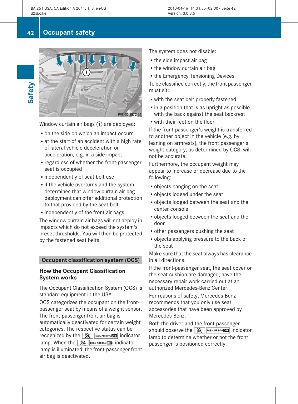 Occupant classification system (ocs), Classification system (ocs), Safety | Occupant safety | Mercedes-Benz G-Class 2011 Owners Manual User Manual | Page 44 / 364