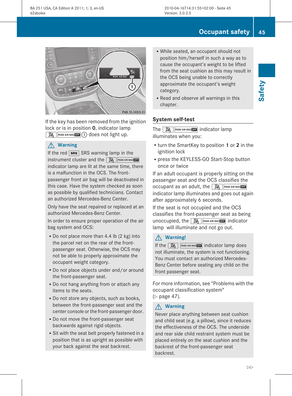 Safety, Occupant safety | Mercedes-Benz G-Class 2011 Owners Manual User Manual | Page 47 / 364