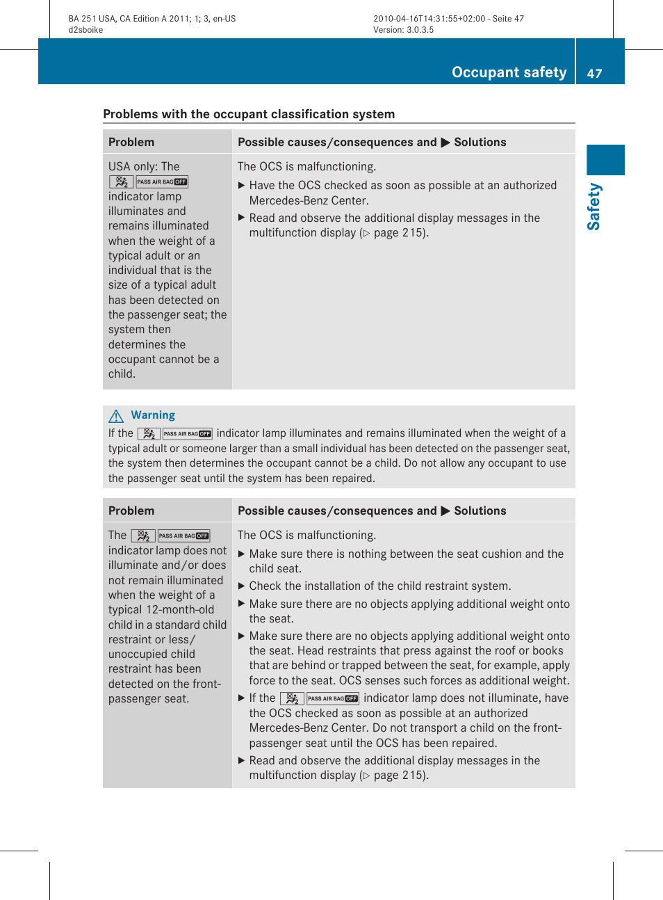 Safety, Occupant safety | Mercedes-Benz G-Class 2011 Owners Manual User Manual | Page 49 / 364