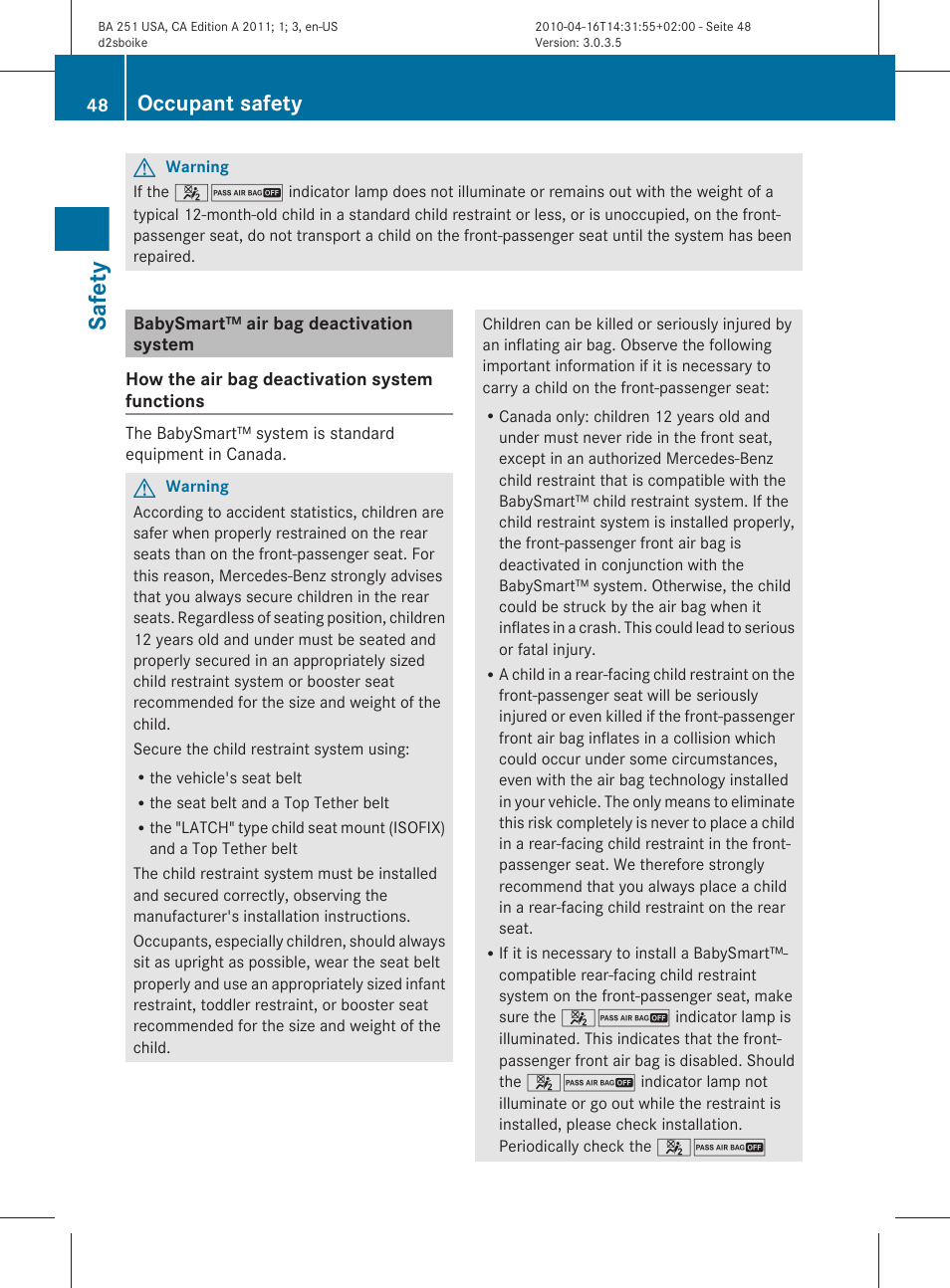 Babysmart™ air bag deactivation system, Safety, Occupant safety | Mercedes-Benz G-Class 2011 Owners Manual User Manual | Page 50 / 364