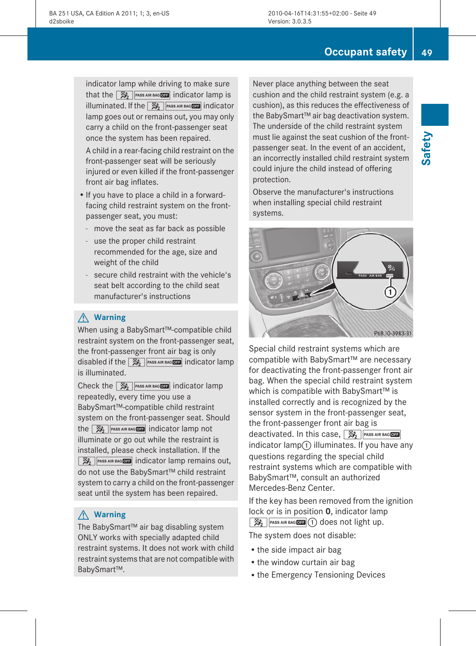 Safety, Occupant safety | Mercedes-Benz G-Class 2011 Owners Manual User Manual | Page 51 / 364