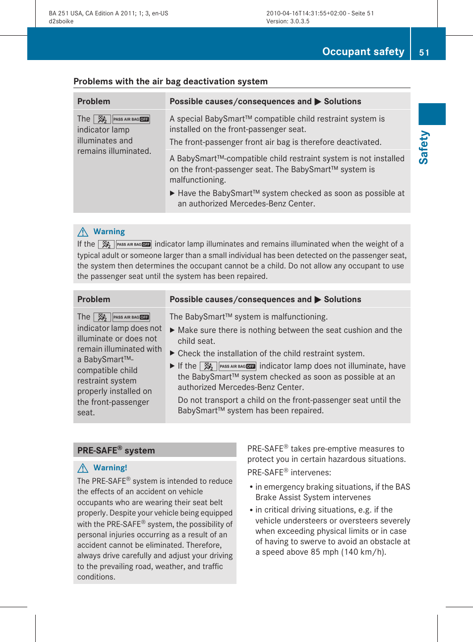 Pre-safe® system, Safety, Occupant safety | Mercedes-Benz G-Class 2011 Owners Manual User Manual | Page 53 / 364