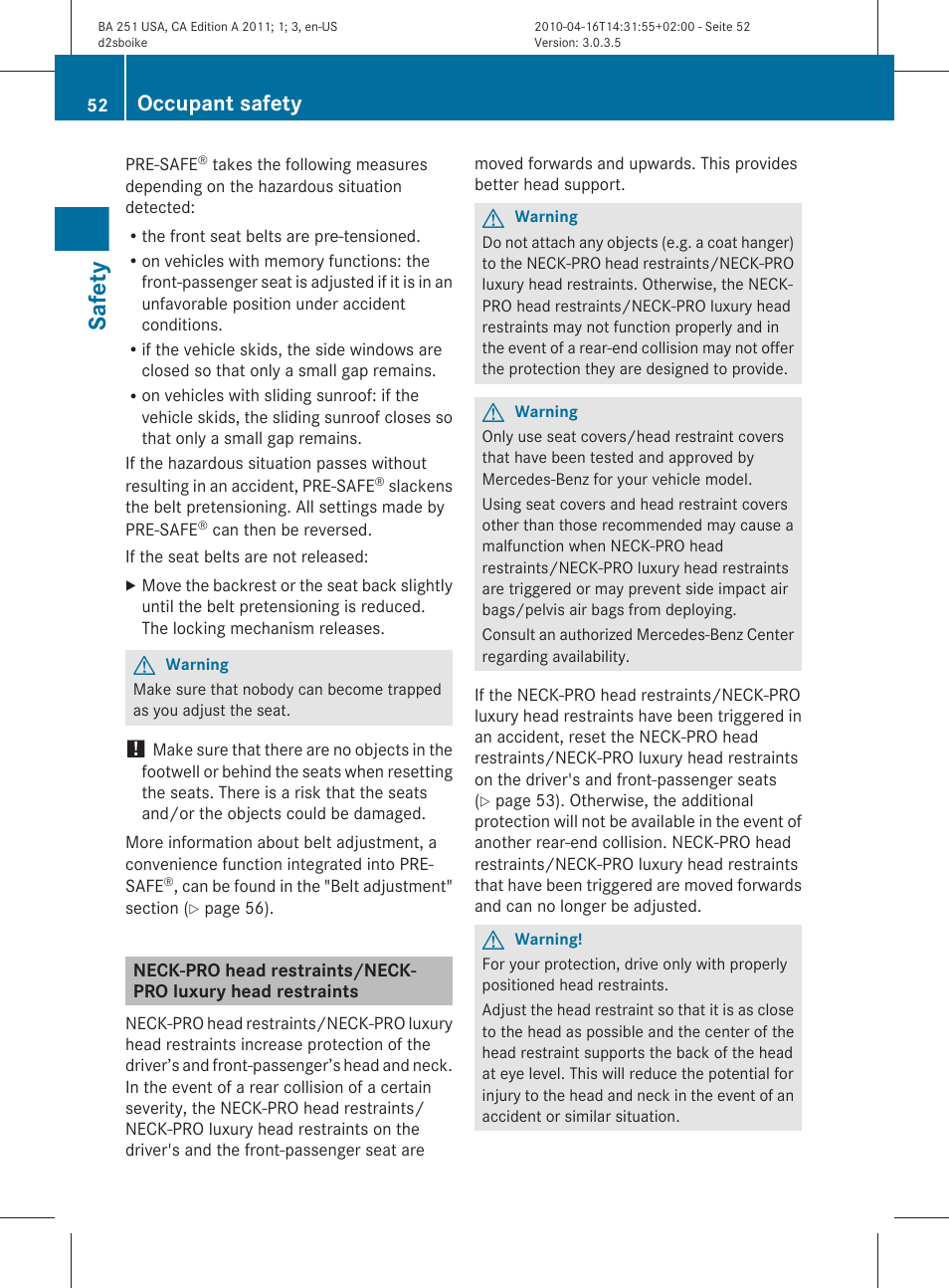 Safety, Occupant safety | Mercedes-Benz G-Class 2011 Owners Manual User Manual | Page 54 / 364