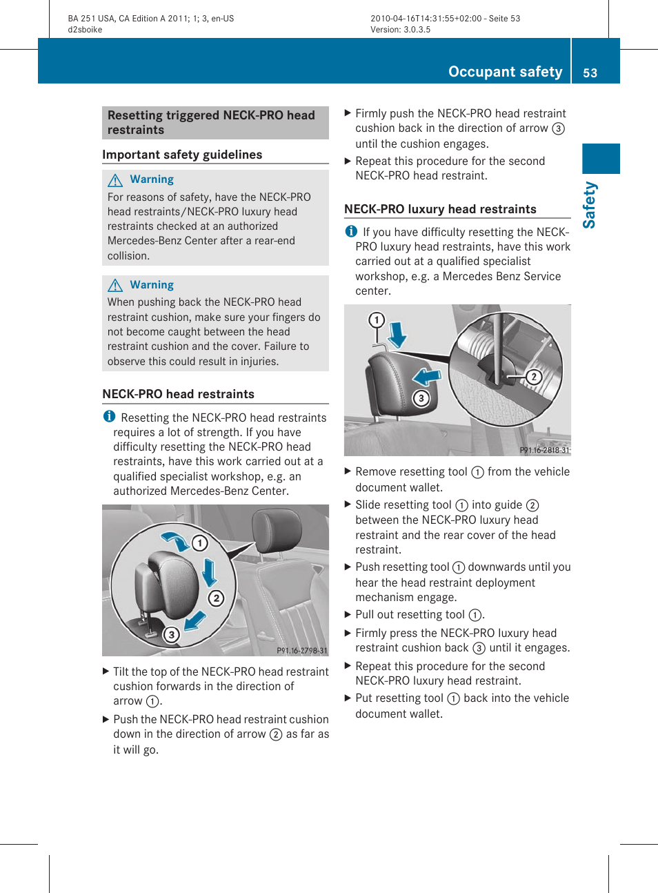 Resetting triggered neck-pro head restraints, Safety, Occupant safety | Mercedes-Benz G-Class 2011 Owners Manual User Manual | Page 55 / 364