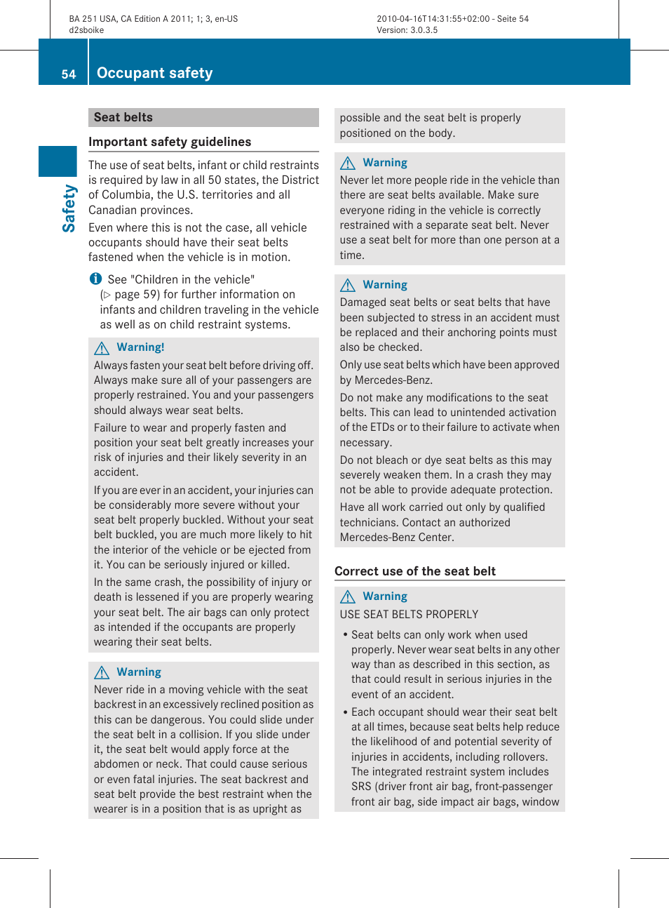 Seat belts, Safety, Occupant safety | Mercedes-Benz G-Class 2011 Owners Manual User Manual | Page 56 / 364