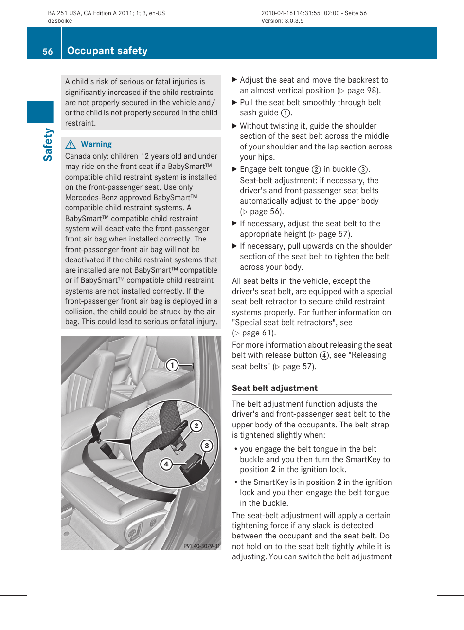 Section, Safety, Occupant safety | Mercedes-Benz G-Class 2011 Owners Manual User Manual | Page 58 / 364