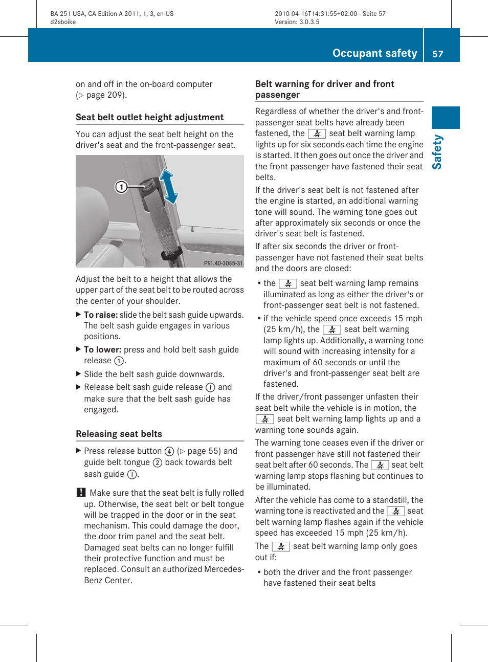 Appropriate height, Seat belts, Safety | Occupant safety | Mercedes-Benz G-Class 2011 Owners Manual User Manual | Page 59 / 364