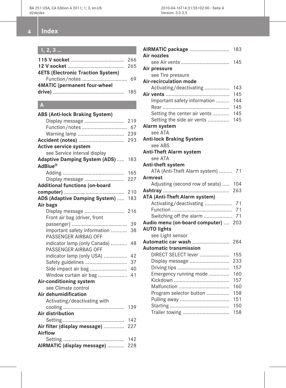 Index | Mercedes-Benz G-Class 2011 Owners Manual User Manual | Page 6 / 364