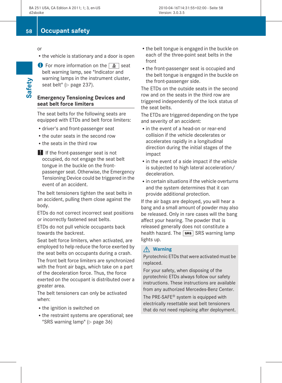 Safety, Occupant safety | Mercedes-Benz G-Class 2011 Owners Manual User Manual | Page 60 / 364