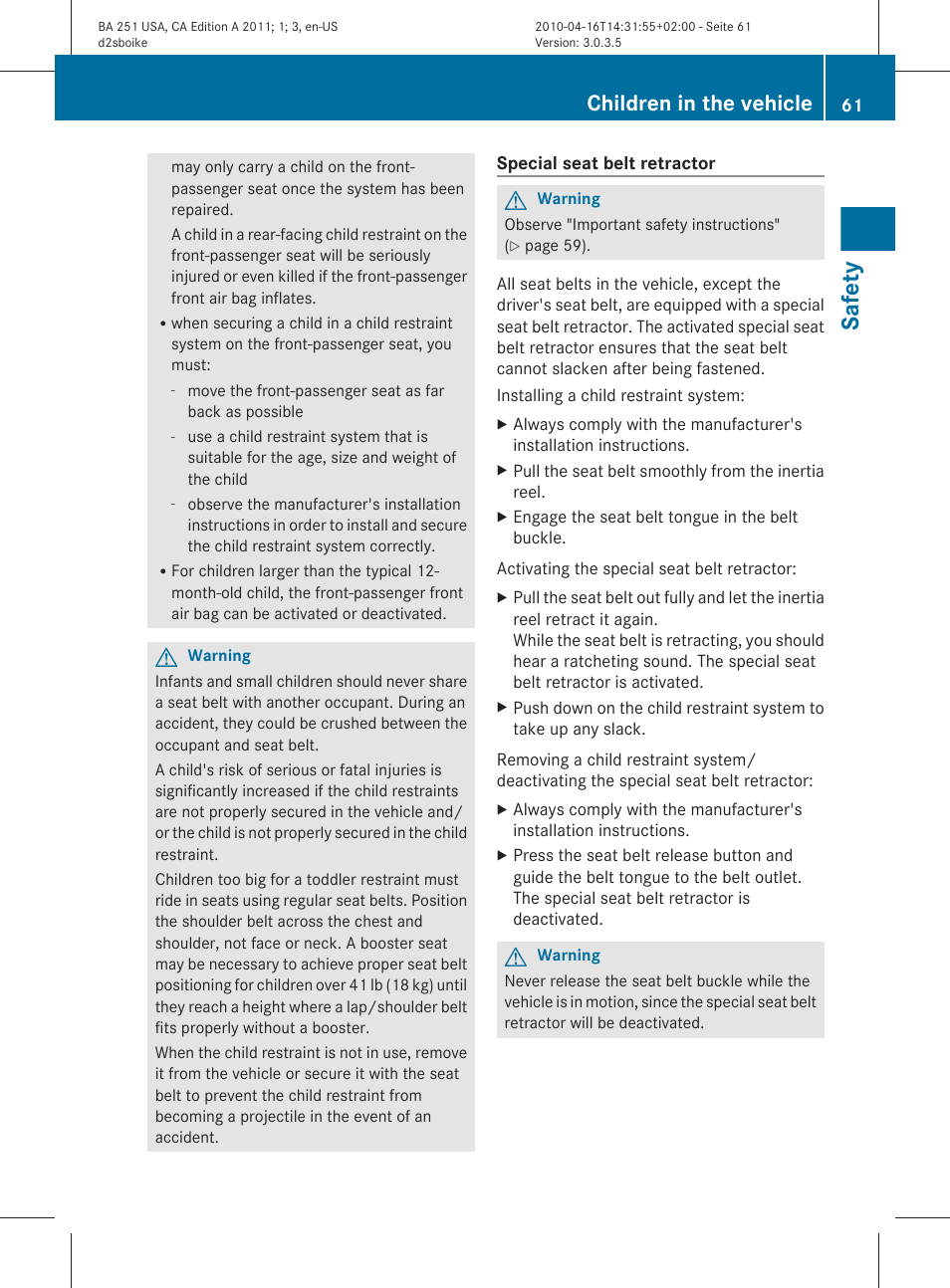 Safety, Children in the vehicle | Mercedes-Benz G-Class 2011 Owners Manual User Manual | Page 63 / 364