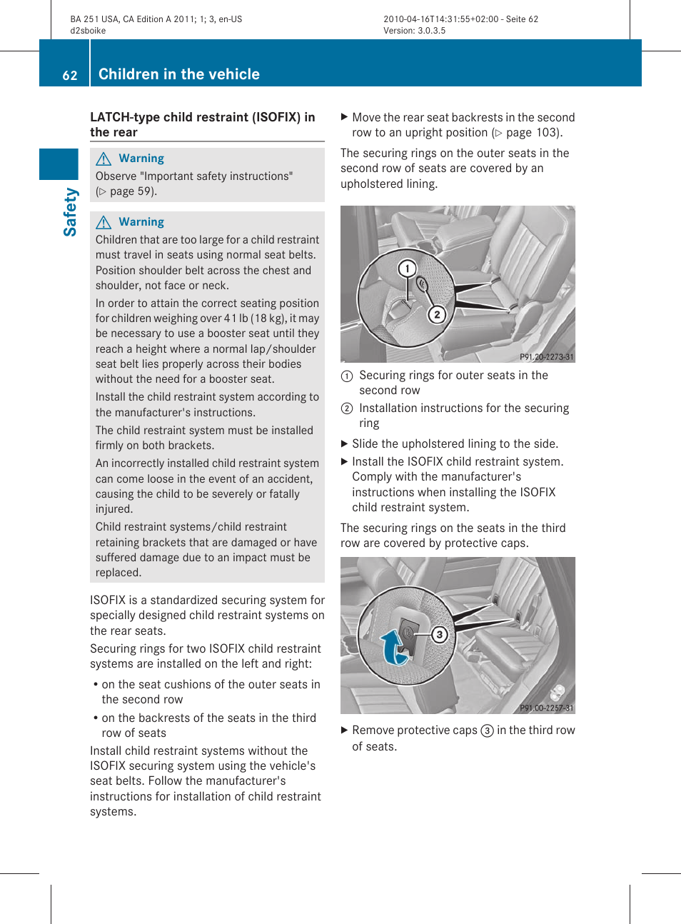 Safety, Children in the vehicle | Mercedes-Benz G-Class 2011 Owners Manual User Manual | Page 64 / 364