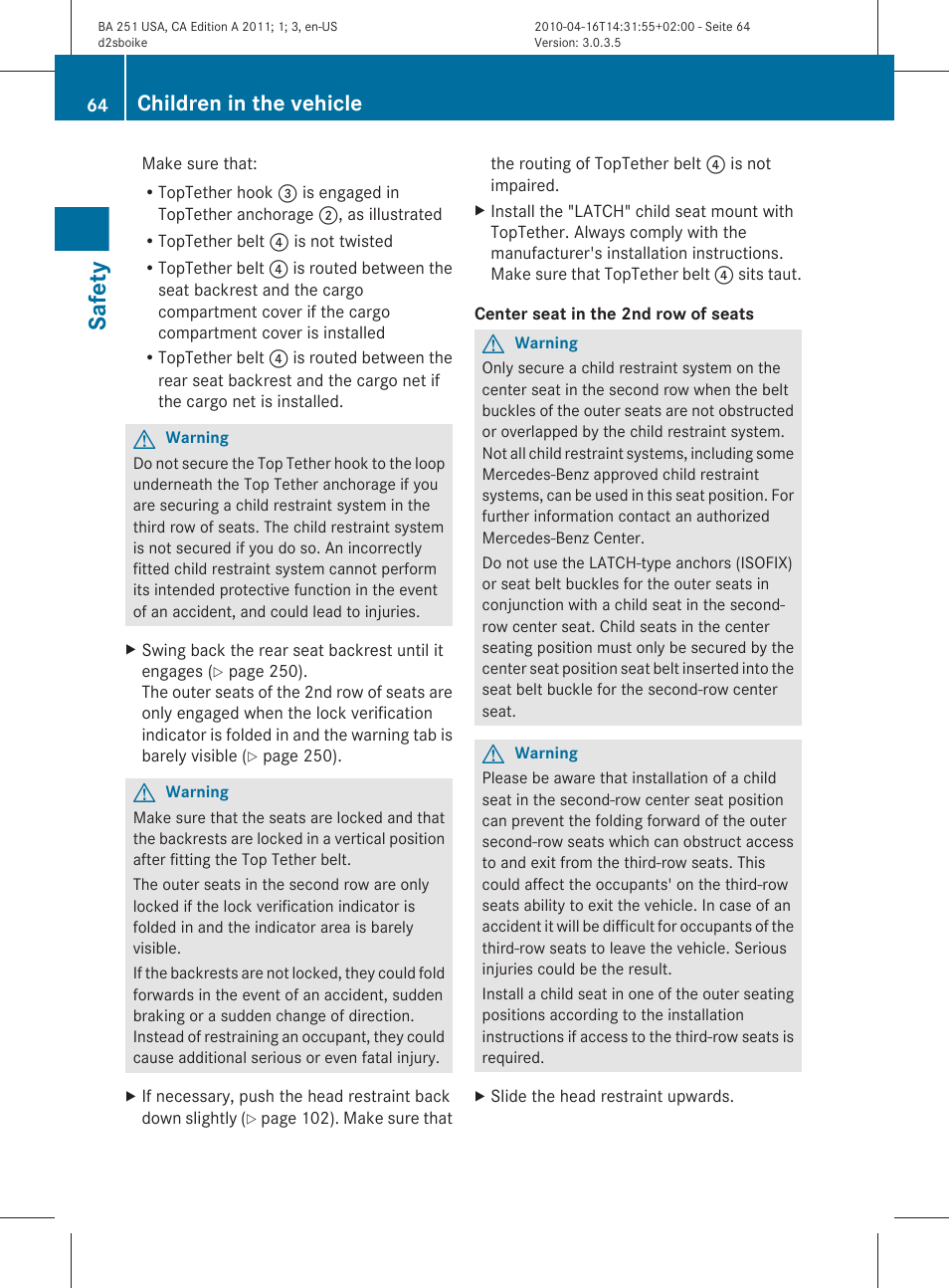 Safety, Children in the vehicle | Mercedes-Benz G-Class 2011 Owners Manual User Manual | Page 66 / 364