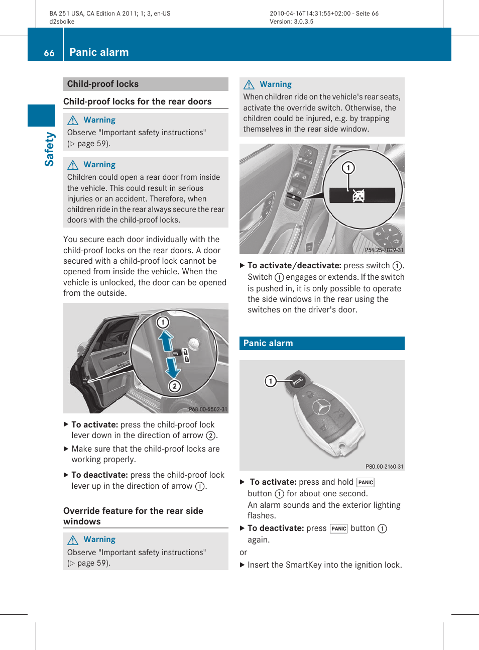 Child-proof locks, Panic alarm, Safety | Mercedes-Benz G-Class 2011 Owners Manual User Manual | Page 68 / 364