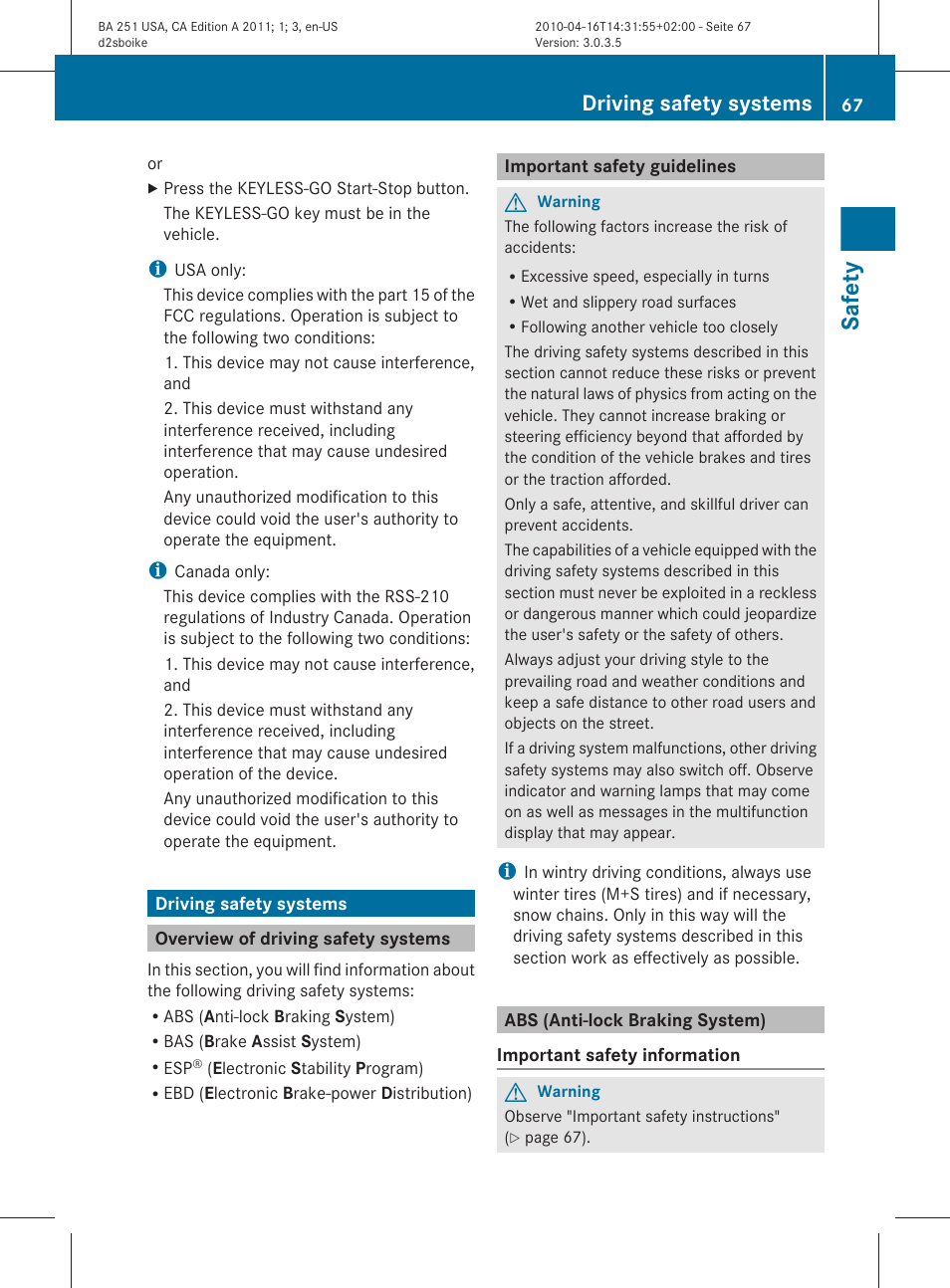 Driving safety systems, Overview of driving safety systems, Important safety guidelines | Abs (anti-lock braking system), Safety | Mercedes-Benz G-Class 2011 Owners Manual User Manual | Page 69 / 364