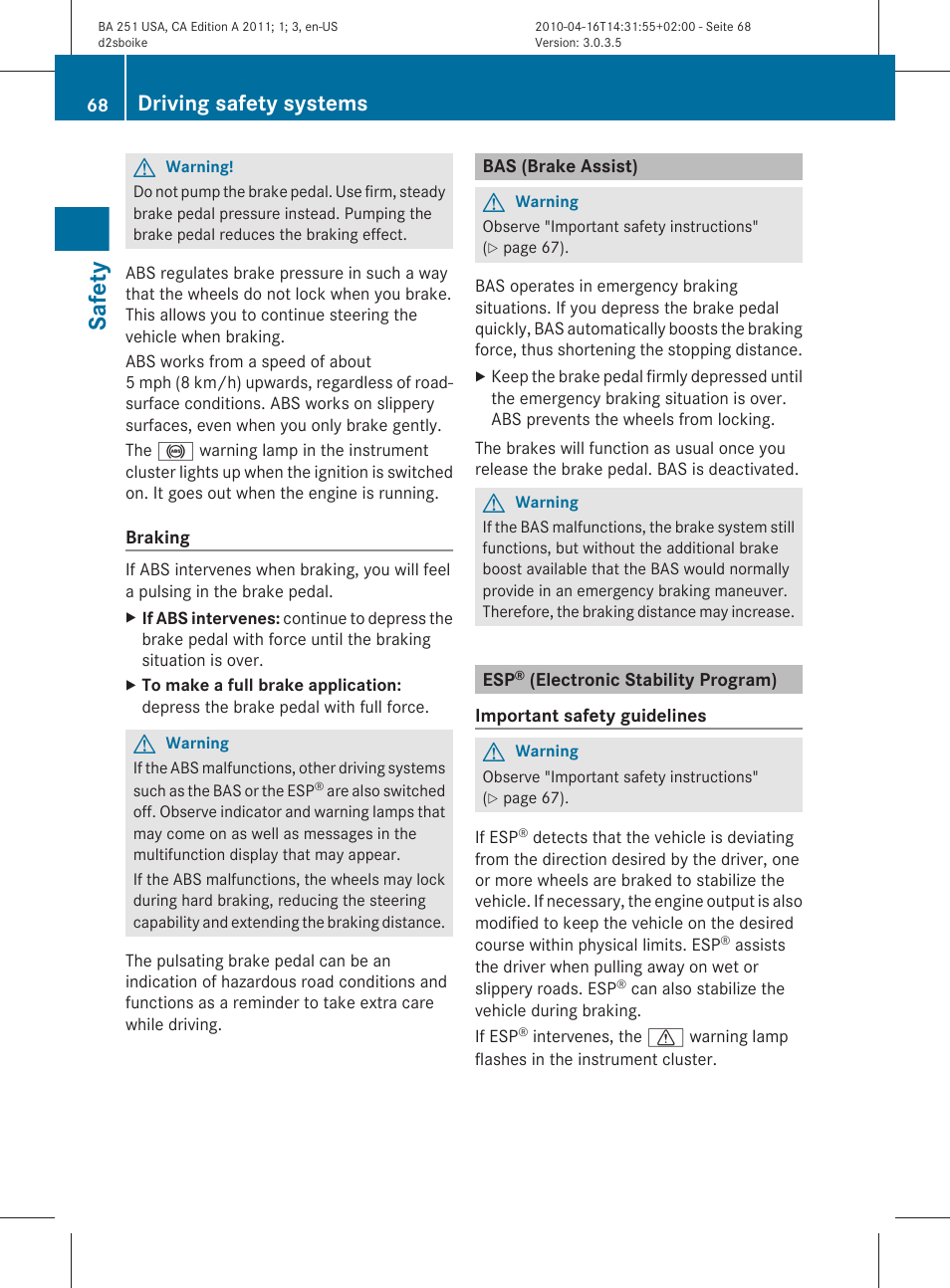 Bas (brake assist), Esp® (electronic stability program), Safety | Driving safety systems | Mercedes-Benz G-Class 2011 Owners Manual User Manual | Page 70 / 364