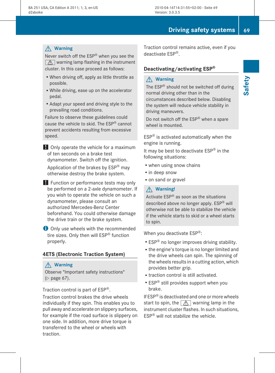 Safety, Driving safety systems | Mercedes-Benz G-Class 2011 Owners Manual User Manual | Page 71 / 364