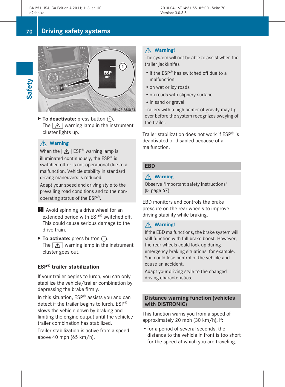 Safety, Driving safety systems | Mercedes-Benz G-Class 2011 Owners Manual User Manual | Page 72 / 364