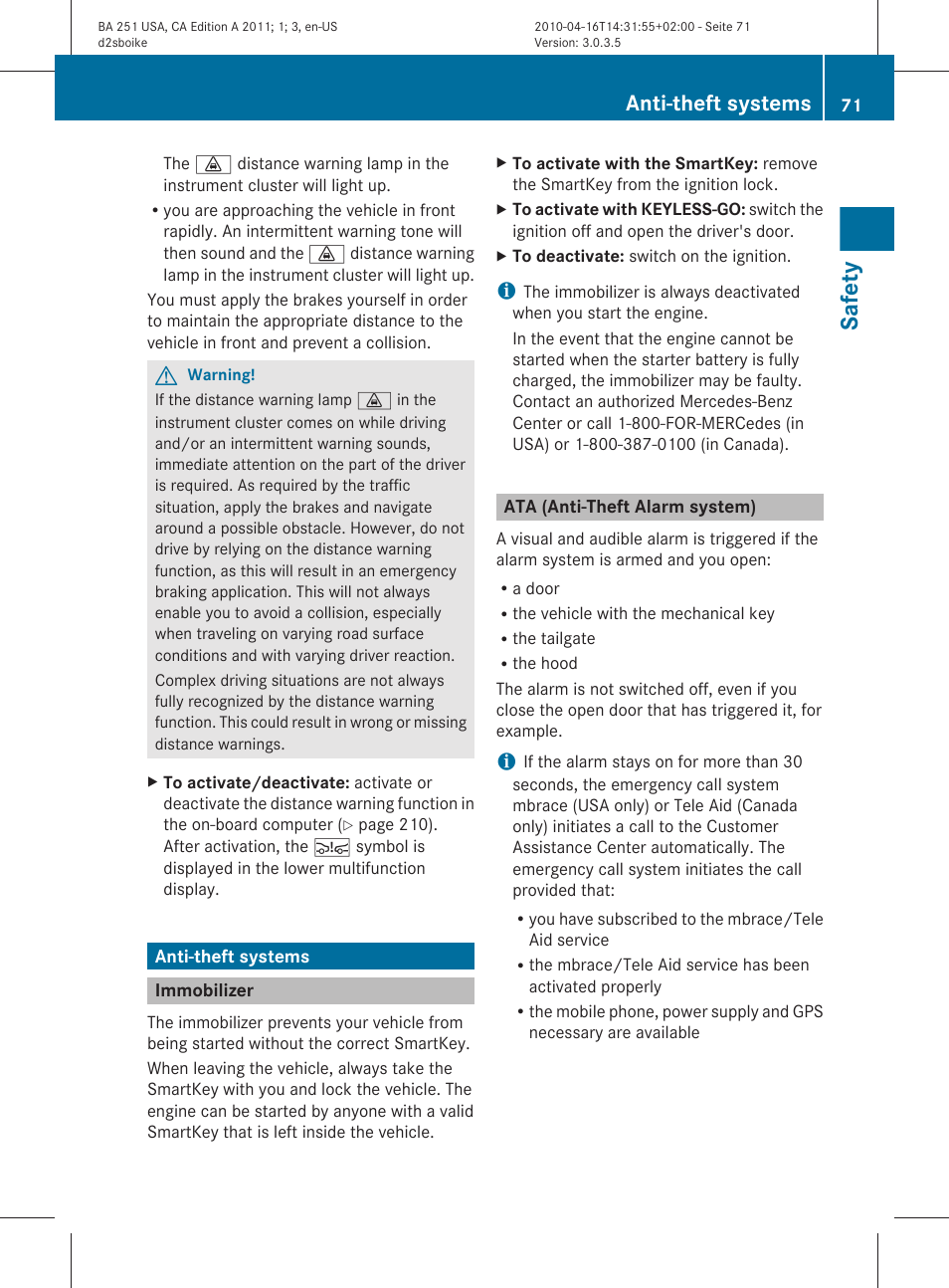 Anti-theft systems, Immobilizer, Ata (anti-theft alarm system) | Safety | Mercedes-Benz G-Class 2011 Owners Manual User Manual | Page 73 / 364