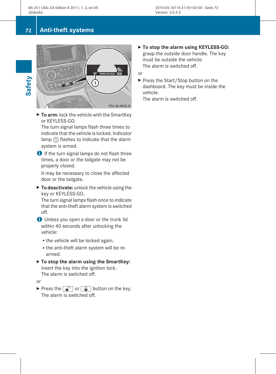 Safety, Anti-theft systems | Mercedes-Benz G-Class 2011 Owners Manual User Manual | Page 74 / 364