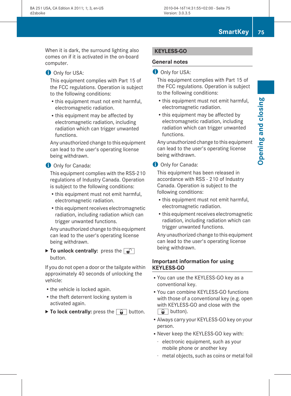 Keyless-go, Opening and closing, Smartkey | Mercedes-Benz G-Class 2011 Owners Manual User Manual | Page 77 / 364