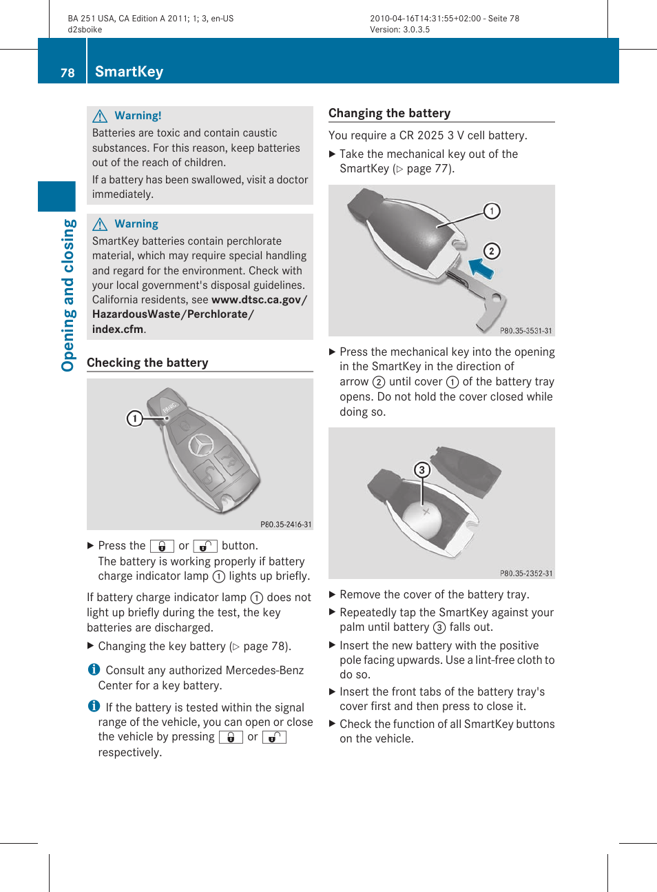 Opening and closing, Smartkey | Mercedes-Benz G-Class 2011 Owners Manual User Manual | Page 80 / 364