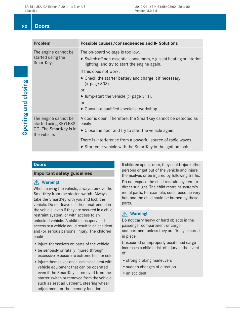 Doors, Important safety guidelines, Opening and closing | Mercedes-Benz G-Class 2011 Owners Manual User Manual | Page 82 / 364