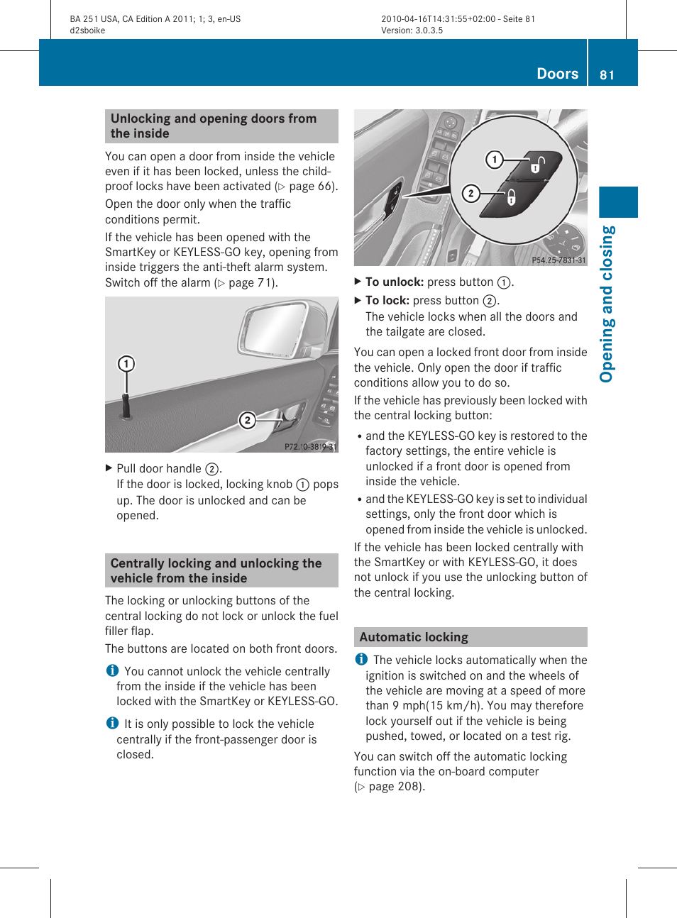 Unlocking and opening doors from the inside, Automatic locking, Opening and closing | Doors | Mercedes-Benz G-Class 2011 Owners Manual User Manual | Page 83 / 364