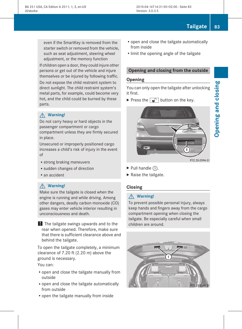 Opening and closing from the outside, Opening and closing, Tailgate | Mercedes-Benz G-Class 2011 Owners Manual User Manual | Page 85 / 364