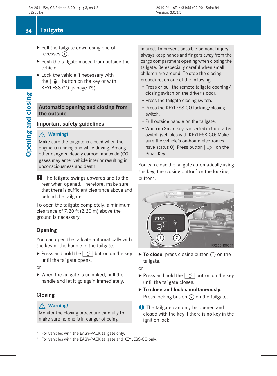 Automatic opening and closing from the outside, Opening and closing, Tailgate | Mercedes-Benz G-Class 2011 Owners Manual User Manual | Page 86 / 364