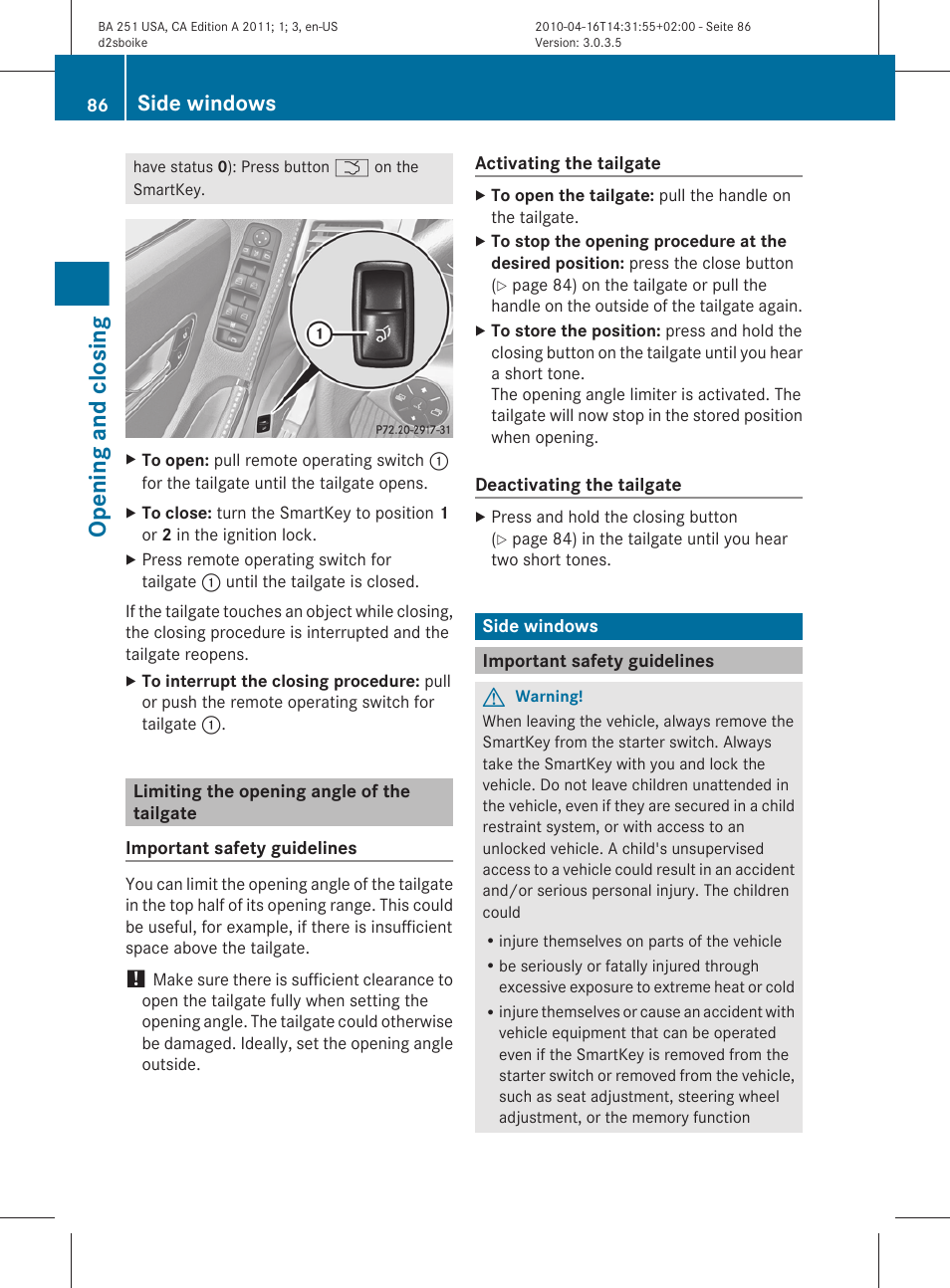 Limiting the opening angle of the tailgate, Side windows, Important safety guidelines | Opening and closing | Mercedes-Benz G-Class 2011 Owners Manual User Manual | Page 88 / 364