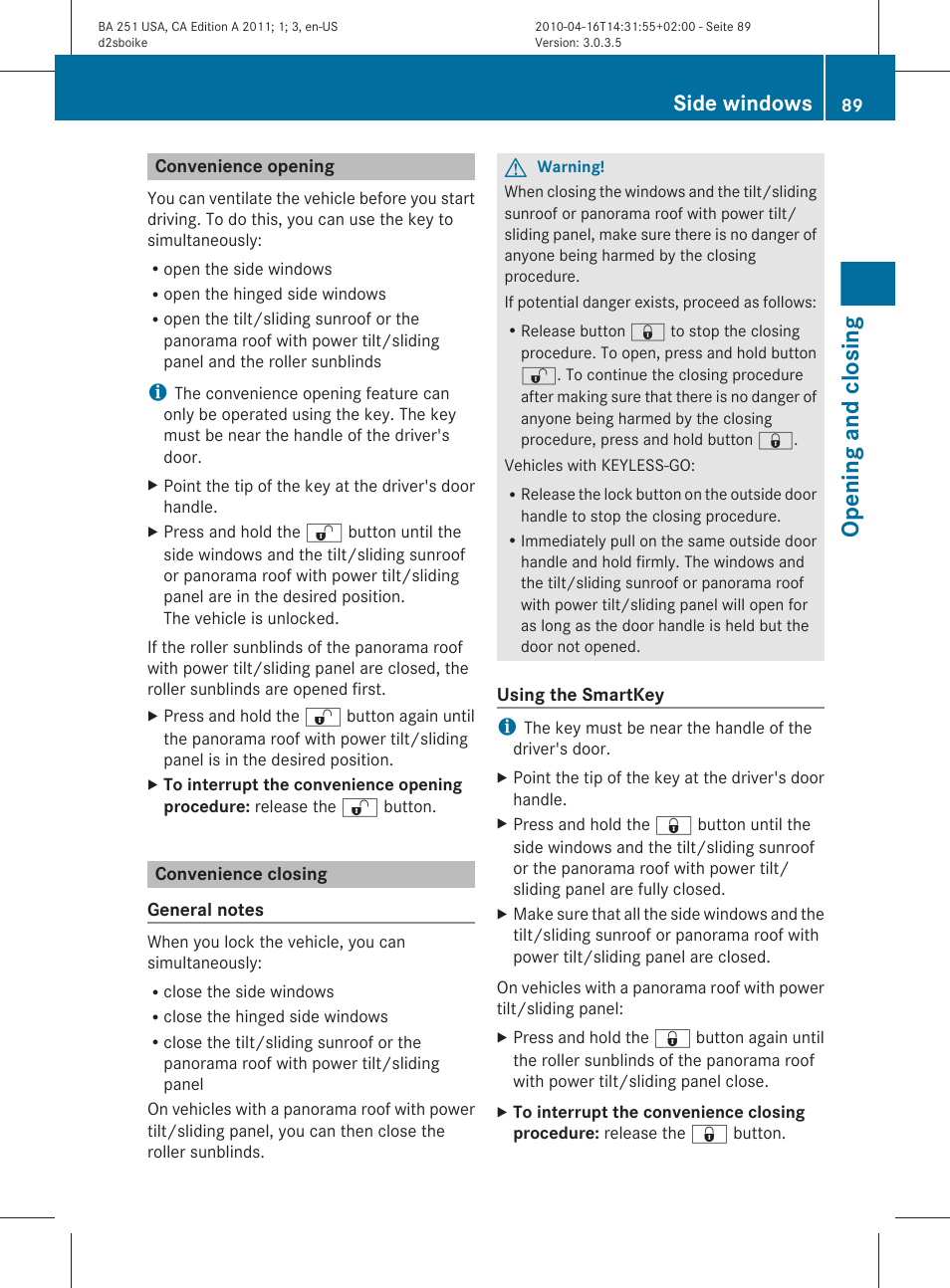 Convenience opening, Convenience closing, Opening and closing | Side windows | Mercedes-Benz G-Class 2011 Owners Manual User Manual | Page 91 / 364