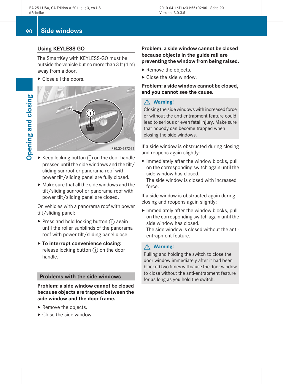 Problems with the side windows, Opening and closing, Side windows | Mercedes-Benz G-Class 2011 Owners Manual User Manual | Page 92 / 364