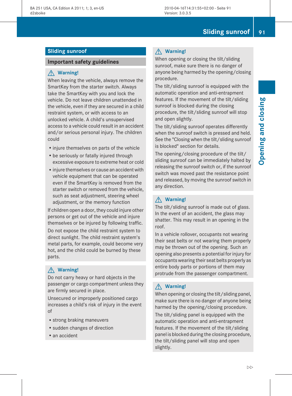 Sliding sunroof, Important safety guidelines, Opening and closing | Mercedes-Benz G-Class 2011 Owners Manual User Manual | Page 93 / 364