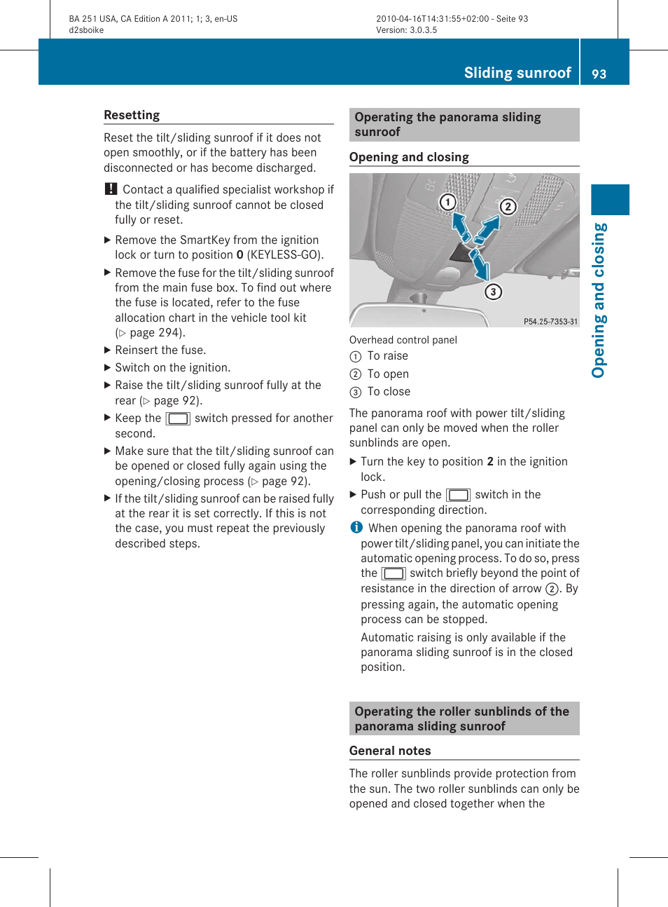 Operating the panorama sliding sunroof, Opening and closing, Sliding sunroof | Mercedes-Benz G-Class 2011 Owners Manual User Manual | Page 95 / 364