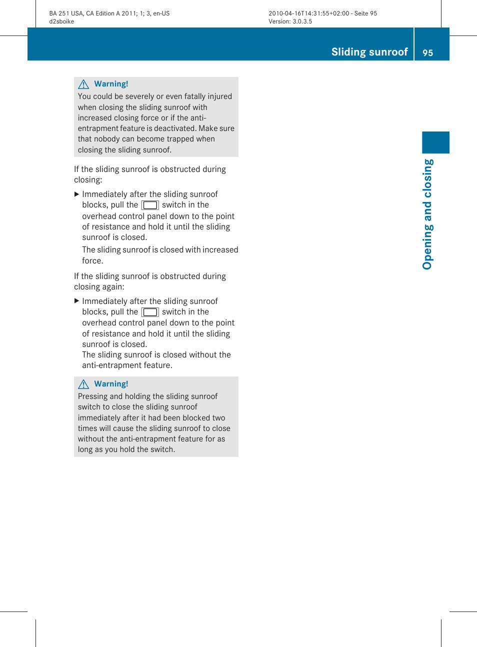 Opening and closing, Sliding sunroof | Mercedes-Benz G-Class 2011 Owners Manual User Manual | Page 97 / 364