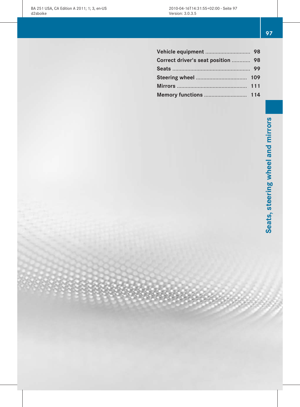 Seats, steering wheel and mirrors | Mercedes-Benz G-Class 2011 Owners Manual User Manual | Page 99 / 364