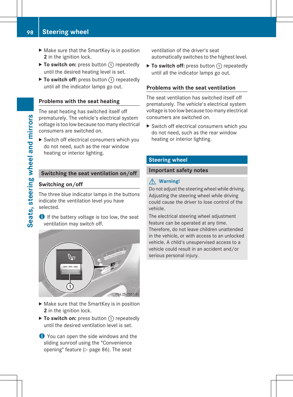 Switching the seat ventilation on/off, Steering wheel, Important safety notes | Seats, steering wheel and mirrors | Mercedes-Benz CL-Class 2011 User Manual | Page 100 / 480