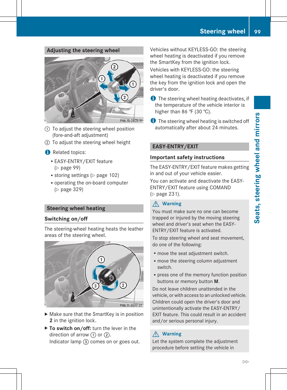 Adjusting the steering wheel, Steering wheel heating, Easy-entry/exit | Seats, steering wheel and mirrors, Steering wheel | Mercedes-Benz CL-Class 2011 User Manual | Page 101 / 480