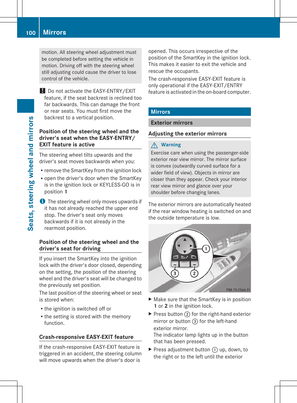 Mirrors, Exterior mirrors, Seats, steering wheel and mirrors | Mercedes-Benz CL-Class 2011 User Manual | Page 102 / 480