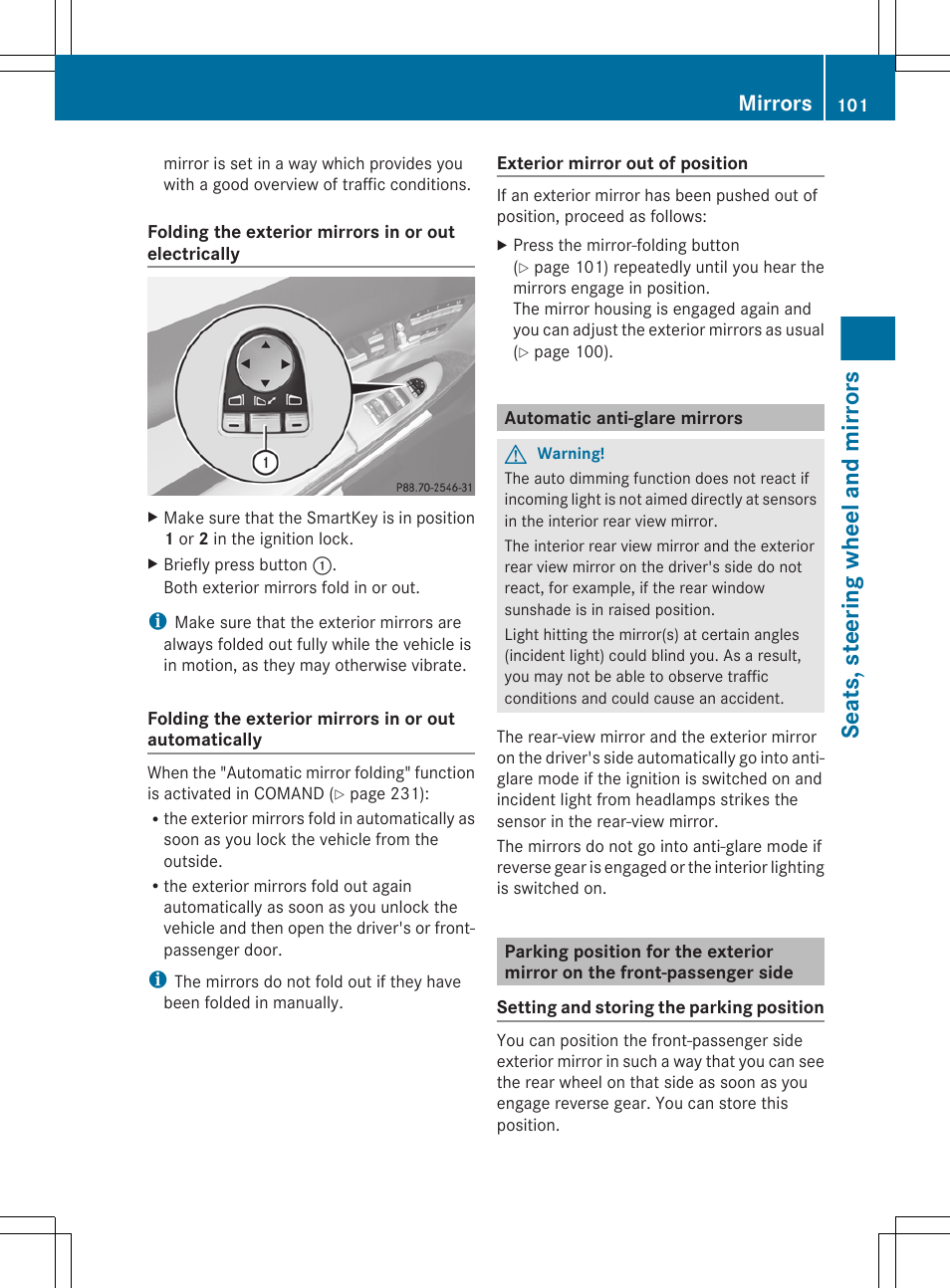 Automatic anti-glare mirrors, Seats, steering wheel and mirrors, Mirrors | Mercedes-Benz CL-Class 2011 User Manual | Page 103 / 480