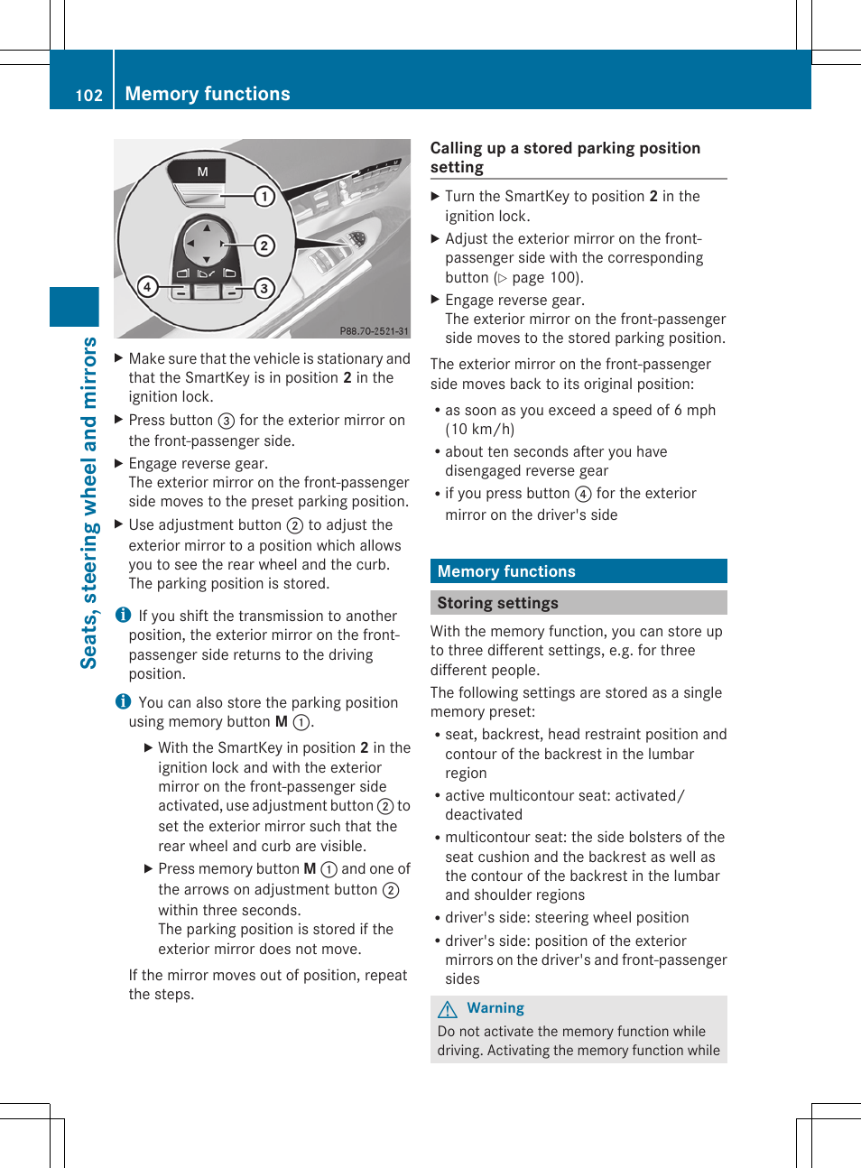 Memory functions, Storing settings, Settings | Seats, steering wheel and mirrors | Mercedes-Benz CL-Class 2011 User Manual | Page 104 / 480