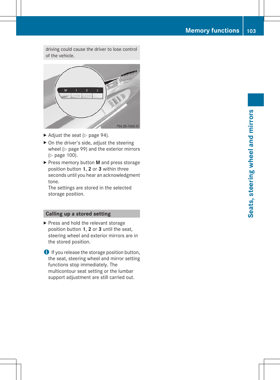 Calling up a stored setting, Seats, steering wheel and mirrors | Mercedes-Benz CL-Class 2011 User Manual | Page 105 / 480