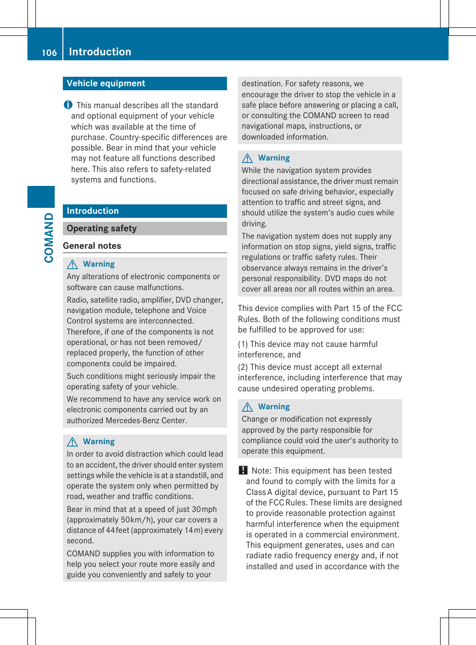 Comand, Vehicle equipment, Introduction | Operating safety | Mercedes-Benz CL-Class 2011 User Manual | Page 108 / 480