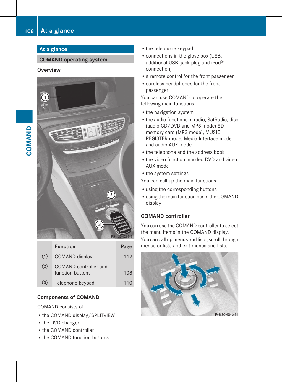 At a glance, Comand operating system, Comand | Mercedes-Benz CL-Class 2011 User Manual | Page 110 / 480