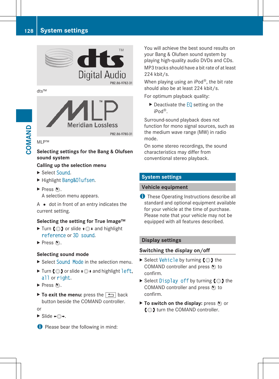 System settings, Vehicle equipment, Display settings | Comand | Mercedes-Benz CL-Class 2011 User Manual | Page 130 / 480