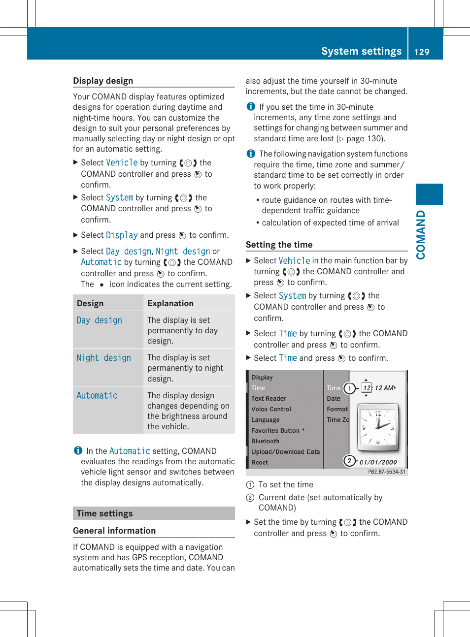 Time settings, Comand, System settings | Mercedes-Benz CL-Class 2011 User Manual | Page 131 / 480