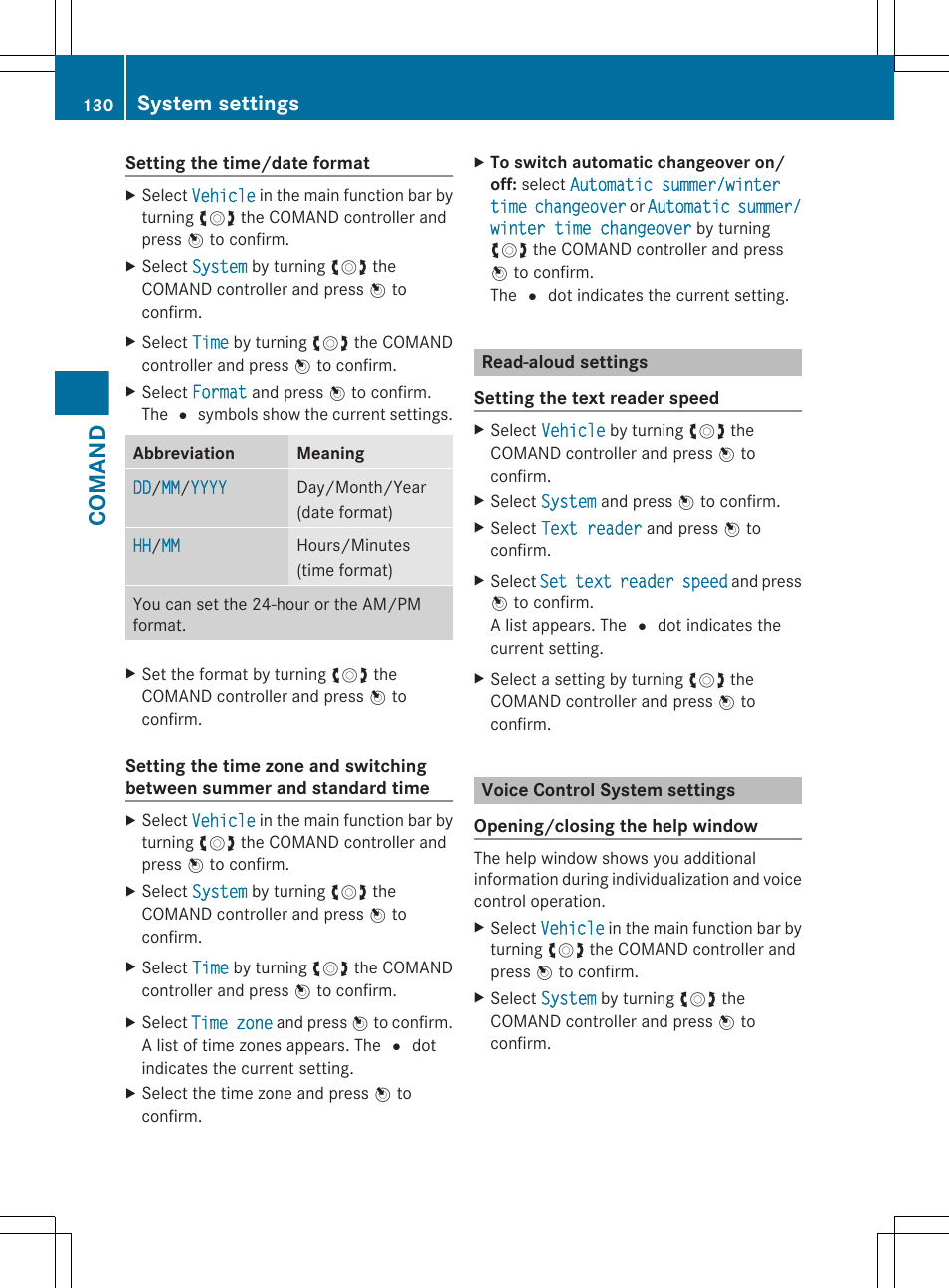 Read-aloud settings, Voice control system settings, Comand | System settings | Mercedes-Benz CL-Class 2011 User Manual | Page 132 / 480