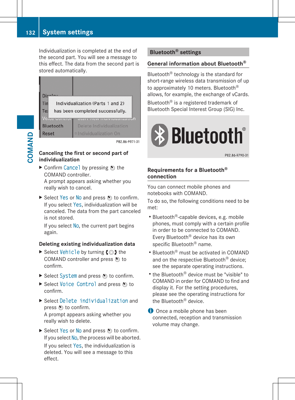 Bluetooth® settings, Comand, System settings | Mercedes-Benz CL-Class 2011 User Manual | Page 134 / 480